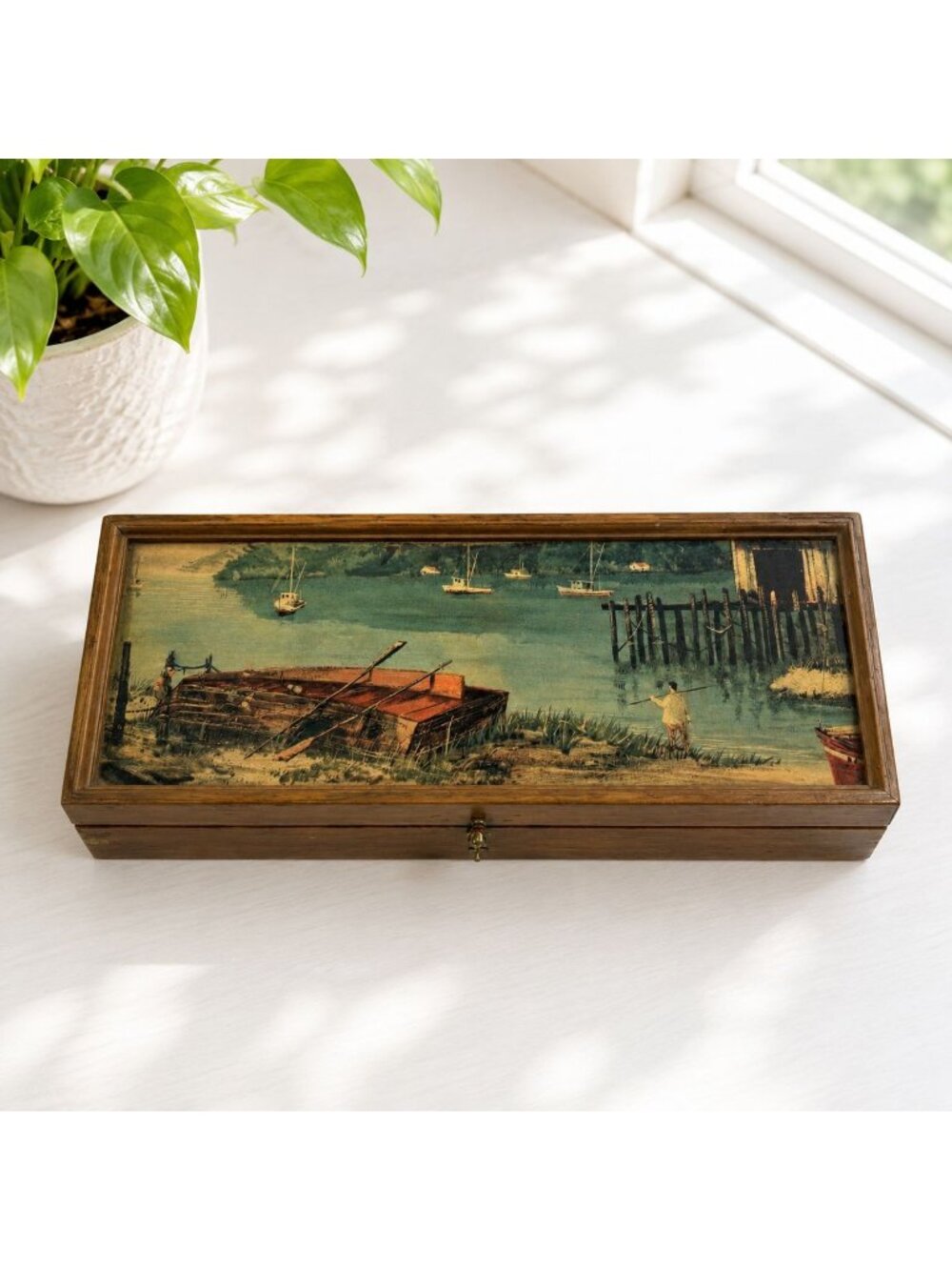 Vintage Wooden Jewelry Box With Scenic Coastal Harbor Painting Red Velvet Interi